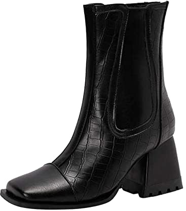 Generisch Bottines basses pour femme en cuir - Avec talon - Couleur unie - Bout carré antidérapant - Bottes d'hiver - Fermeture éclair - Bottes à talons hauts, Noir , 37 EU