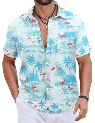 COOFANDY Camisas Hawaianas Hombre 100% Algodón, Camisas Verano Manga Corta Botonadas, Tops Tropicales Playa Corte Regular PAT7 S