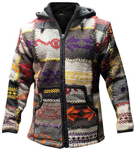 Shopoholic Fashion Sudadera con Capucha de Invierno para Hombre con Forro Polar | Abrigo Patchwork Estilo Hippie Bohemio | Chaqueta Cálida con Cremallera
