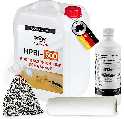 Home Profis® glänzender Garagenboden Flüssigkunststoff inkl. Chips & Walze (50m²) | Über 30 Farben | Bodenfarbe Innen | 2K Epoxidharz Bodenbeschichtung | RAL 7032 Kieselgrau | HPBI-500