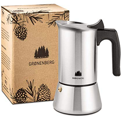 Groenenberg Cafetera Italiana 2 Tazas (100 ml) | Cafetera Moka pequeña de acero inoxidable (inox) | Cafetera Espresso manual con junta de repuesto e instrucciones | Espresso Maker sin Aluminio