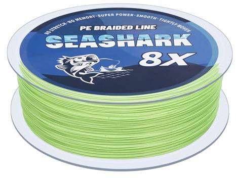Seashark Flätad fiskelina färg bleknar aldrig 8 strängar superstark PE fiskelina nötningsbeständig fisketråd dragkraft 6 pund till 36,3 kg (fluorescerande grön, 60 pund 0,40 mm-300 m/328 yards)