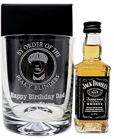 Regalo Personalised Dimple Glass Tumbler & Miniature - Peaky Blinders Design (Cardboard Gift Box, Jack Daniel's Tennessee Whiskey)