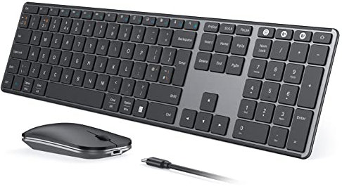 seenda SKM64-3 Rechargeable Wireless Bluetooth Keyboard Mouse, Multi-Device Ultra Slim Wireless Keyboard and Mouse Set for Windows, Mac OS, Laptop, PC, Tablet, iPad, QWERTY UK Layout, Black and Grey