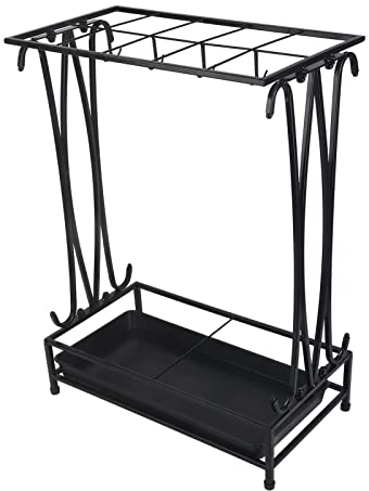 Les-Theresa Umbrella Holder Stand,Umbrella Rack Stand, Umbrella Storage Rack Iron with Drip Tray 10 Holes 8 Hooks Umbrella Rack Stand for Home Hotel(black)