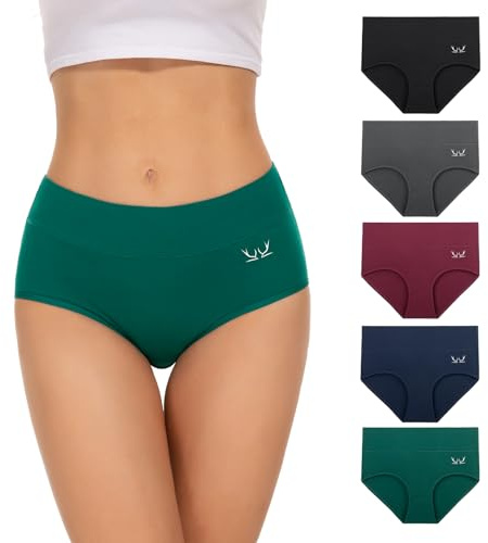TANSTC Bragas Mujer Algodón Elástico Culotte Cintura Cintura Alta Ropa Interior Cómodas y Suaves Pack de 5, Azul+Gris+Verde+Rojo+Negro, 2XL