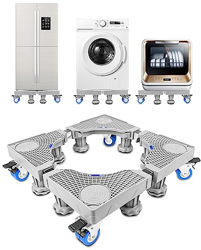 Fousenuk Waschmaschinen Untergestell, Verstellbare Waschmaschine Sockel mit 8 Füße und 4 Räder, Waschmaschinensockel Bärenlast 300kg, Podest für Kühlschrank, Trockner und Gefrierschrank