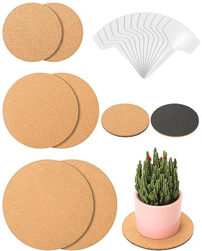 Whtawtaw 6 Pcs Cork Plant Mats Plant Coasters, 3 Sizes 4/6/8 inch Round Plate Pad Cork Mat with 12 Pcs Tags for Indoor and Garden Potted Plants, DIY Craft Projects (Nude & Black)