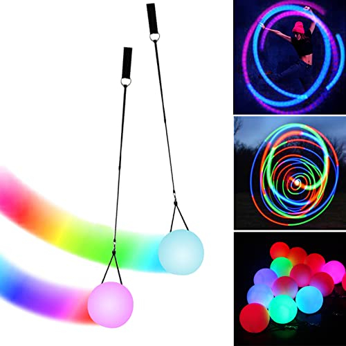 LED Poi Bälle Set, 2 Stück Mit Regenbogen Farben & Strobe-Effekt, Verbesserte Glow Kugeln für Anfänger Und Profis, Jonglierbälle Mit Verstellbaren Doppelschlaufen-Leinen