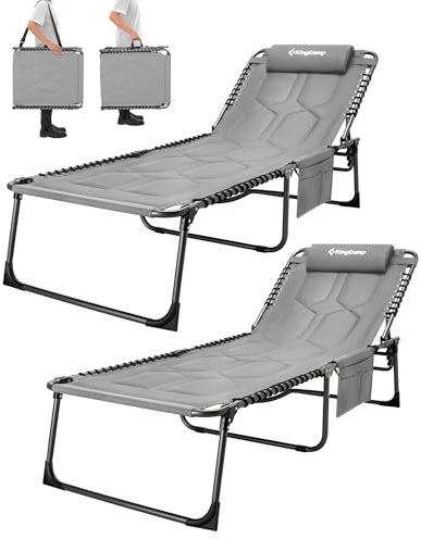 KingCamp Übergroße Sonnenliege Klappbar 5-Fach Verstellbar Gartenliege Liegestuhl Dreibeinliege Liege Campingliege mit Kopfkissen und Seitentasche bis 2000 kg für Garten Urlaub Strand Pool 200 x 68 cm