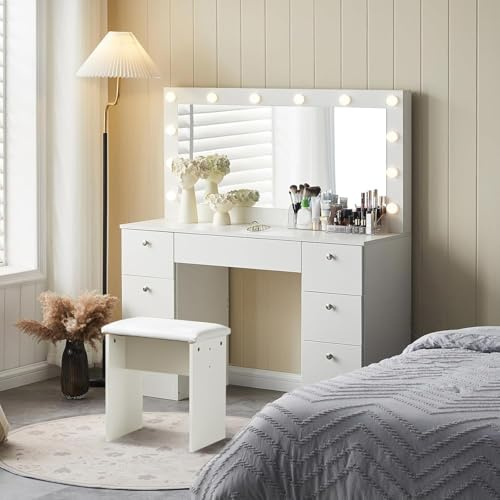 CLIPOP Tavolino da toilette con grande specchio e 12 luci LED Hollywood, Luminosità regolabile, Tavolino da toilette con 7 cassetti e sgabello, Set moderno di tavoli da trucco bianchi (DR-0457)