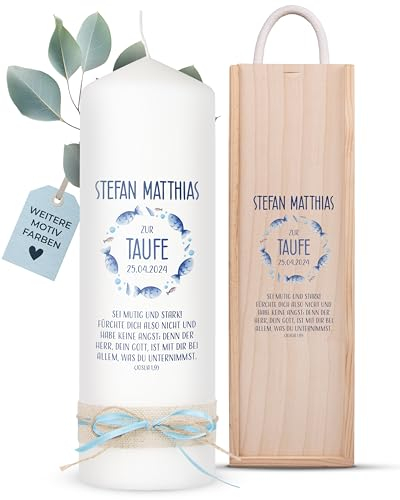 AMARI ® Taufkerz personalisiert Fischschwarm (002.10.01) H:25cm/⌀:8cm - Taufkerze für Mädchen/Jungen - verschiedene Größen - selbst gestalten