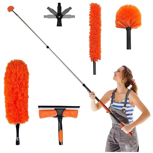 16 Foot High Reach Duster Kit with 4-16FT Extension Pole,Duster for Cleaning, High Ceiling Fan Window Washing,Cobweb Feather Duster Extendable Cleaning Kit