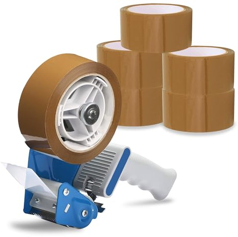 G4GADGET Packaging Tape Gun Dispenser - Pack of 6 BrownTape Rolls - 48MM x 66M - Heavy Duty Packing Tape with Dispenser - Tape Gun for Parcel Boxes