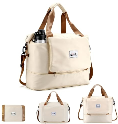 RIXINC Foldable Travel Duffel Bag, Expandable Weekender Overnight Carry On Gym Bag for Women with Water Bottle Pockets, Beige
