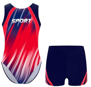 HULIJA Jungen Gymanstikanzug Ärmellos Ballett Trikot mit Kurze Shorts Set Gymnastik Leotard Kurz Hose Turnanzug Ballettbody Wettbewerb Rot 146-152