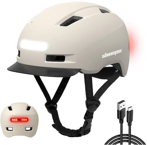 Shinmax Fahrradhelm Herren Damen, Helm Fahrrad mit USB Licht 5 Modi Fahrradhelm mit Visier, Mountainbike Helm Rennradhelm Erwachsen für Scooter Urban Pendler White-Gray L