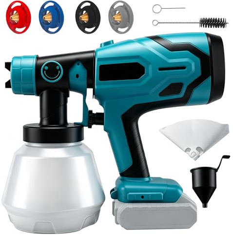 Akku Farbsprühsystem für Makita 18V Akku, Farbspritzpistole Kabellos | 1000ml Behälter | 4 Düsen & 3 Sprühmuster, Lackierpistole Spritzpistole für Wandfarbe, Möbel, Zäune, Gartenzaun(ohne Akku)