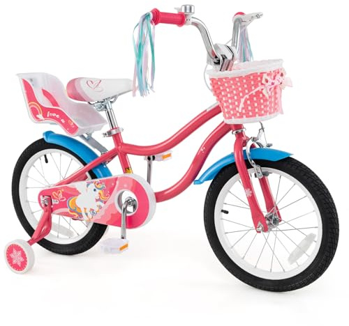 BABY JOY Kids Bike, 16 Inch Children Bicycle w/Basket, Doll Seat, Colorful Streamers, Training Wheels, Adjustable Seat & Handlebar, Girls Bike for 4-7 Years Old