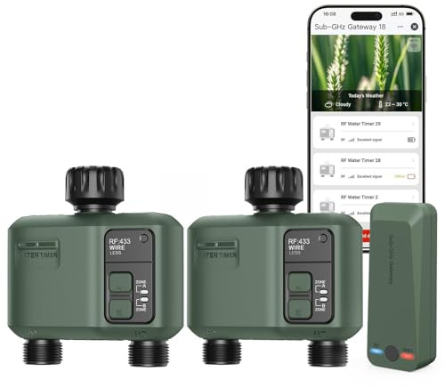 Smart sprinklertimer 2 zoner WiFi-vattentimer, 299 m RF-räckvidd, bevattningskontroller, app/röstkontroll, regnfördröjning