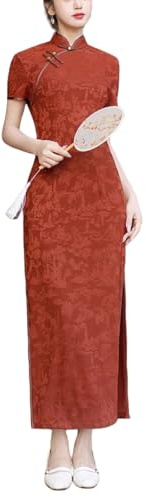 Générique Robe Qipao Fourreau Chinoise pour Femme, Traditionnelle et Élégante, Cheongsam, Manches Courtes, en Jacquard, pour Mariage, Fiançailles, Cocktail, Rouge Rouille, Taille L