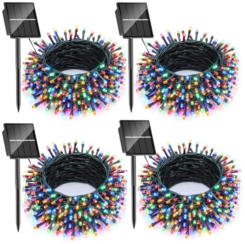 SOLARBABY Lot de 4 Guirlande Lumineuse Exterieur Solaire,4x11.5m Total 400 LED Guirlande Lumineuse Solaire Étanche 8 Modes, Guirlande Solar Pour Cour Fête Jardin Noël Décoration Exterieur Multicouleur