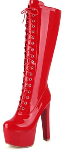 Eestfy Botas De Plataforma Rodilla Charol Diseño De Cordones Tacón Alto para Club Presentaciones En Escenario Y Estilo Alternativo,Rojo,35 EU