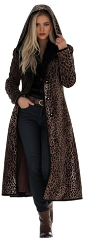 Generisch Trench long pour femme en fausse fourrure veste d'hiver tendance avec capuche imprimé léopard chaud peluche veste en fausse fourrure manteau polaire doux confortable cardigan thermique