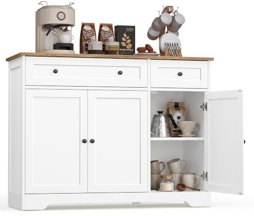 VASAGLE Collection - Storage Cabinet, Farmhouse Buffet Cabinet with 2 Drawers and Adjustable Shelves, 3 Doors, Sideboard, Coffee Bar, 40 x 107 x 80 cm, Cloud White SIREN LSC531WH01
