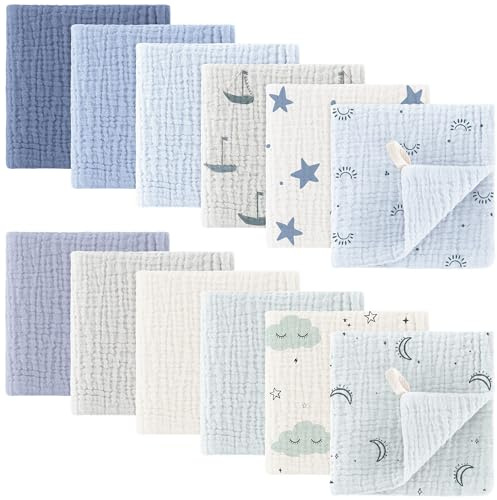 Bearmoss Panno in mussola per bambini, 100% cotone, morbido panno in mussola traspirante ed estremamente assorbente, per panni di garza assorbenti, 12 pezzi, 25 x 25 cm (verde blu)