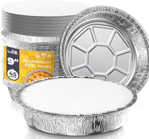 Fit Meal Prep 45 Pack 9” Round Aluminum Foil Pans with Lids, Pie Tins Disposable 9 inch with Lids, Take Out Containers, Freezer Oven Safe Aluminum Baking Pans for Storing, Cooking, Storage, Reheating
