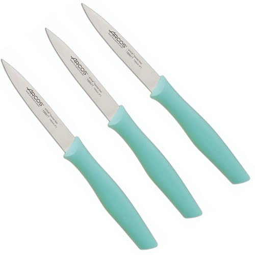 Arcos Nova Ensemble de 3 Couteaux Éplucheurs de 100mm pour Éplucher les Fruits et Légumes. Couteaux à Éplucher en Acier Inoxydable et Manche en Polypropylène. Couleur Menthe