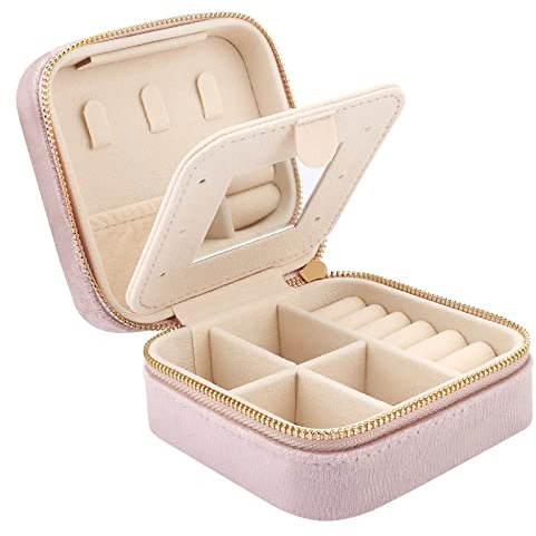 Casiwaft Mini coffret à bijoux de voyage en velours avec miroir, Boîte à bijoux de voyage pour filles et femmes, Petit organisateur de bijoux pour bagues, boucles d'oreilles, colliers, Rose