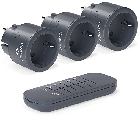 sonero ® Set mit 2300 Watt Funksteckdosen | 3 x Fernbedienungssteckdose | 1 x Fernbedienung | 1 x CR2032 Batterie, 3 V DC, anthrazit, Steckertyp - F