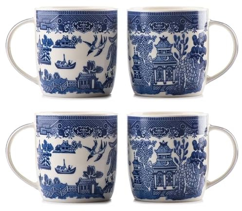 UNIQUE HOME LIVING Blue Willow Barrel Mugs Set of 4, 350ml Bone China Coffee Mug Oriental Style Coffee Cups with Handle for Milk Tea Hot Cocoa (9 x 8.5cm)