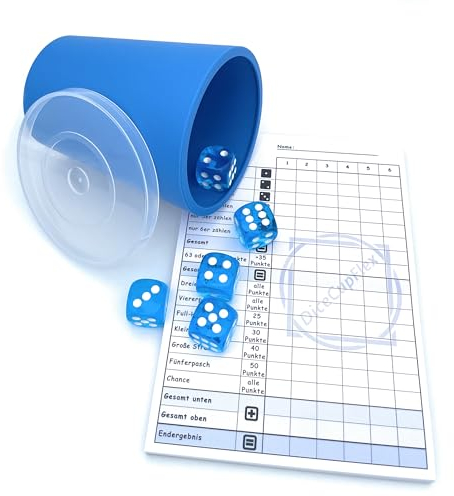 DiceCupFlex - Flexibler Würfelbecher mit Deckel inkl. 5 Würfel und Würfelblock, Spielblock - Made in Germany (Blau)