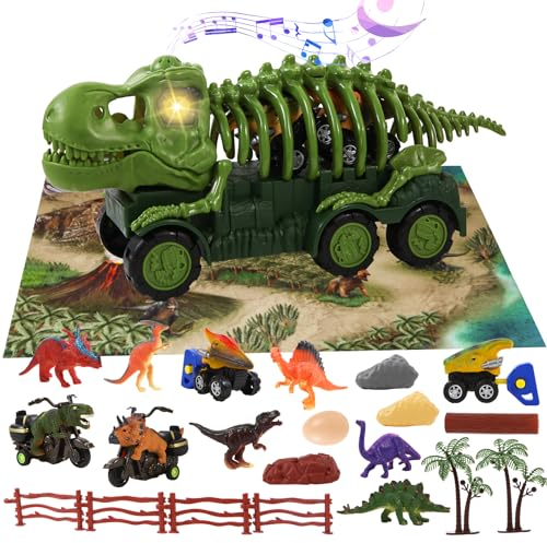 Jouet Camion Dinosaure, Voiture Squelette de Transport de Dinosaures avec Sons et Lumières, 6 Figurines Dinosaures, 4 Mini Voitures Dinosaures, Tapis de Jeu D'activité, œufs de Dinosaures et Arbres