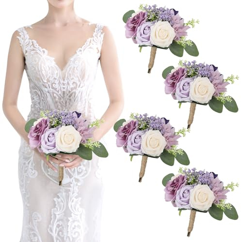 SEMONONIA Artificial Bridesmaid Bouquets 4Pcs -7 Inch Bridesmaid Bouquets Fake Floral Silk Rose Handmade for Wedding Holding Flowers, Bridal Shower,Engagement Wedding Ceremony Anniversary - Lilac