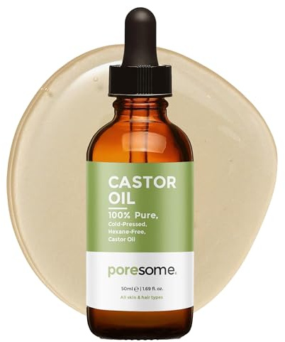 Poresome Castor Oil for Hair Growth, Face, Skin, Body & Massage Carrier Oil - Cold Pressed, 100% Pure, Hexane Free - Vegan, Cruelty & Fragrance Free - UK Made - 50ml Amber Glass Dropper Bottle