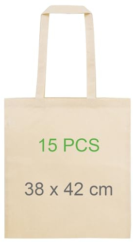 Adri 15 Bolsas de Algodón Con Asas Largas - Para Pintar y Compras - 38x42cm 144g/m2 - Tela Reutilizable y Grande - Transporte (15 Piezas)