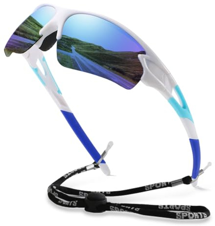 yoofun Polariserade solglasögon för män, sportglasögon cykelglasögon män kvinnor för baseball löpning cykling fiske golf UV400 skydd solglasögon med snöre, Vit och blå