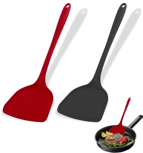 2 Pezzi Spatola Silicone Cucina, Senza BPA Spatola per Cucinare, Set Pentole Antiaderente, Utensili Cucina Silicone per Cucinare, Cuocere, Girare （Nero/Rosso）