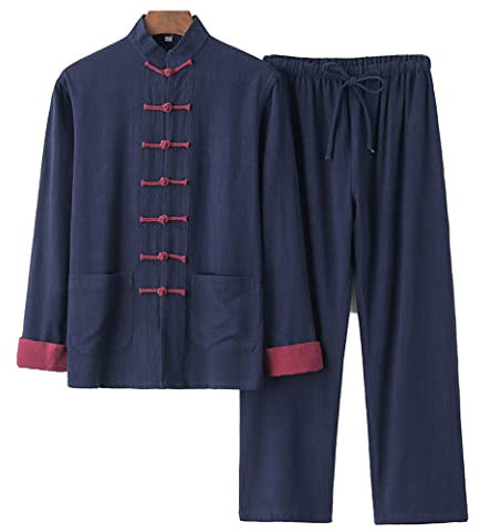 OLSKFUH Baumwollleinen-Kung-Fu-Kampfsportanzug, Jacke, Langarmhose – Tang-Anzug Für Herren, Traditionelle Chinesische Kleidung,Blue-3X-Large