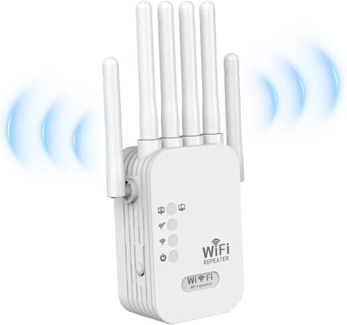 Repetidor WiFi, Nuevo 1200Mbps Amplificador Señal WiFi, Doble Banda 5GHz y 2.4GHz Amplificador WiFi con WPS, 6 Potentes Antenas Externas Fácil Instalación Acción Compatible con Todos Los Routers