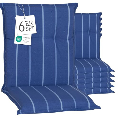 Beo® Turin Niedriglehner Gartenstuhlauflagen 6er Set | Waschbar bei 30 Grad | Atmungsaktive Sitzkissen Outdoor | Made in EU, Öko-Tex Standard, UV-beständig, blau/gestreift