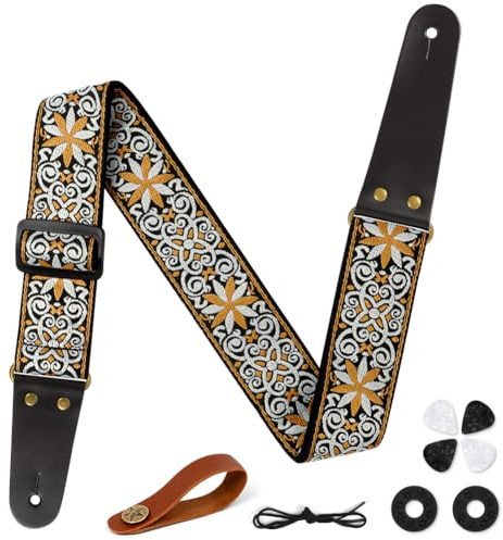 Aucuu Gitarrrem, 5 cm broderi gitarrremmar med läderändar axelrem, vintage broderade gitarrremmar levereras med bandknapp, 1 par remlås och 4 gitarrplektrum