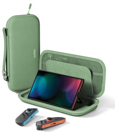Belkin Gaming Tasche für Nintendo Switch 2, Leichtes Hartschalen-Case mit Weichem Innenfutter, AirTag-Fach, 12 Fächer für Game-Karten – Grün