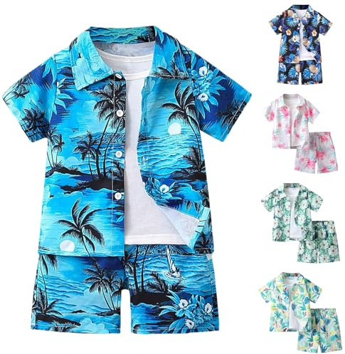 Générique Garçon Chemise Hawaïenne et Short Ensemble d'été imprimé Arbre à Noix de Coco Tenue de Plage Vacances Enfants Chemises à Manches Courtes pour Enfants