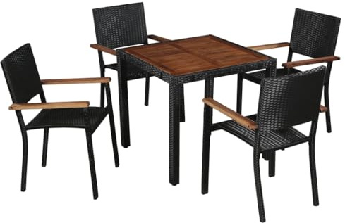 Qnhdfrt Gruppo da giardino 4 sedie e tavolo in rattan PE con piano in legno di acacia, per esterni, terrazza, giardino e balcone, marrone, nero, 80 x 80 x 75 cm