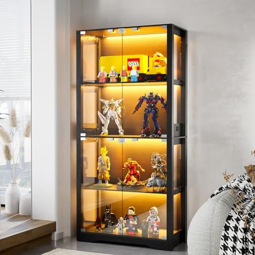 Vitrine avec éclairage LED et portes en verre, vitrine de collection pour figurines d'action, vitrines en verre avec capteur intelligent, vitrine à 4 couches pour expositions (Noir, 165*80*35cm)